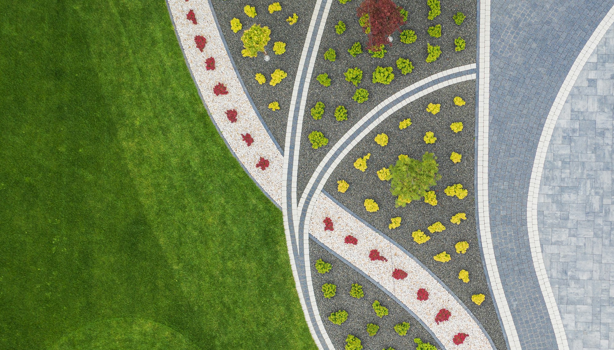 Aerial View of Residential Garden and Cobble Stone Driveway